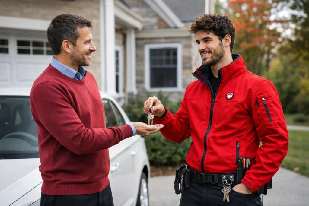 Homeowner hands house keys to a locksmith in a red jacket beside a white car in a suburban driveway, both smiling.