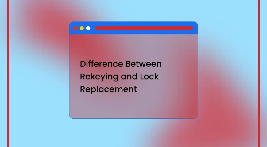 Illustrative header card showing a browser window with the title: Difference Between Rekeying and Lock Replacement on a blue gradient background.